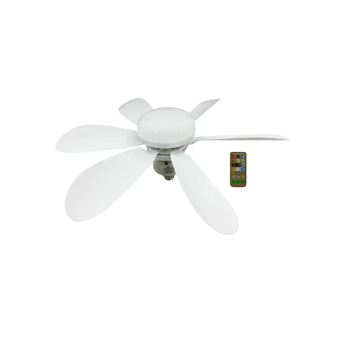 Ventilador de techo blanco con luz LED, 5 aspas y control remoto para fácil instalación en soquete E27.
