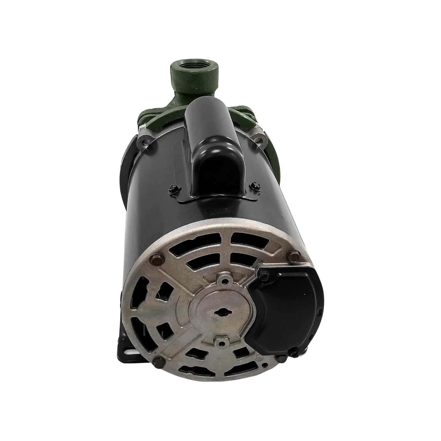 Bomba centrífuga de agua 1/2 HP con motor negro y conexión de tubería verde, ideal para sistemas de bombeo.