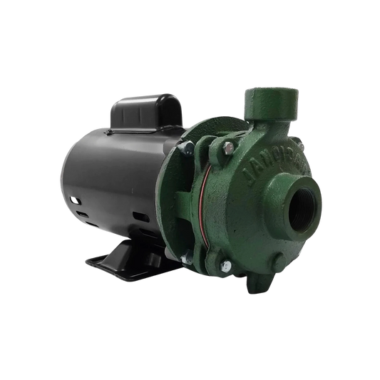 Bomba centrífuga de agua con motor eléctrico negro y carcasa de hierro fundido verde.