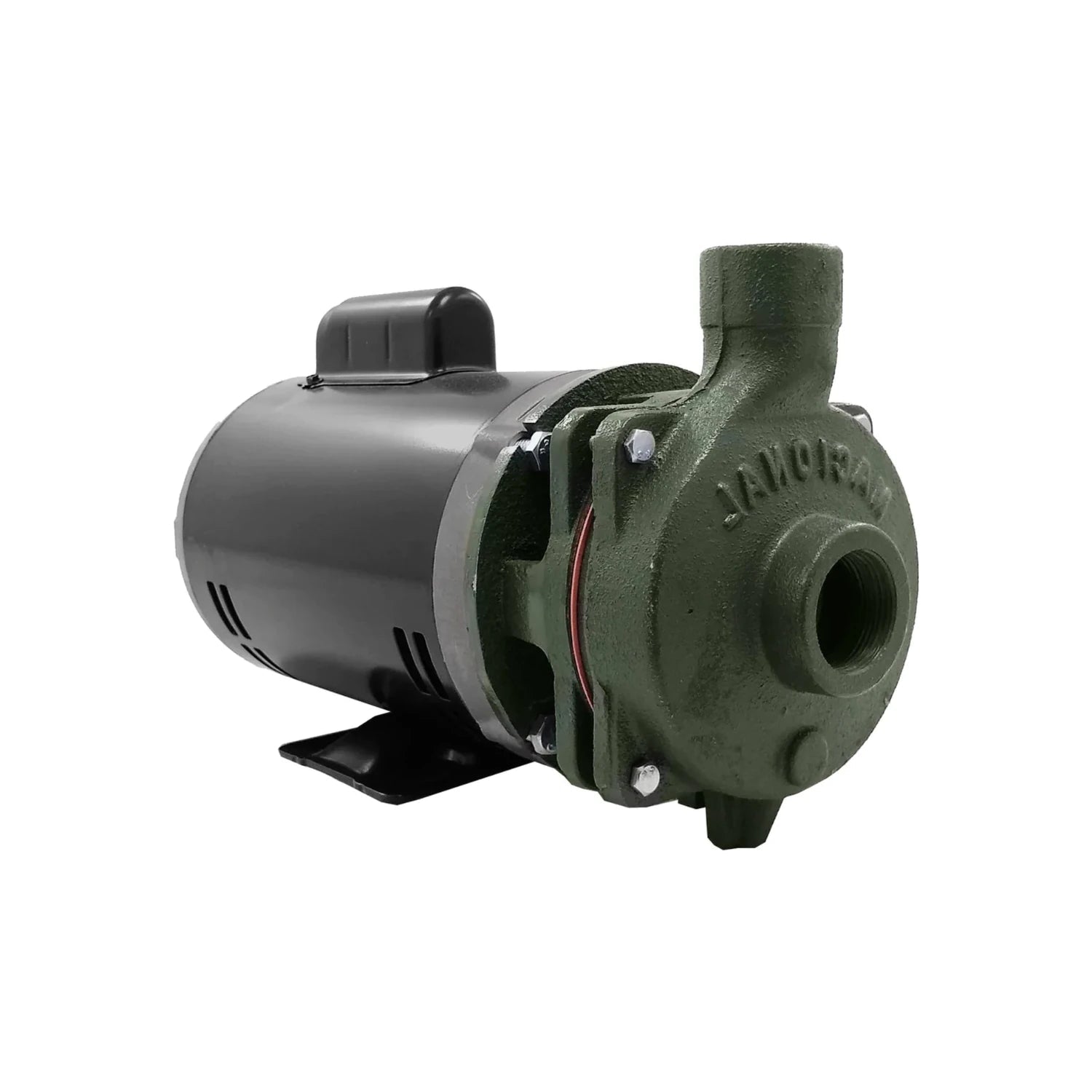 Bomba centrífuga JAMORA con motor eléctrico negro y cuerpo de bomba verde para bombeo de agua.