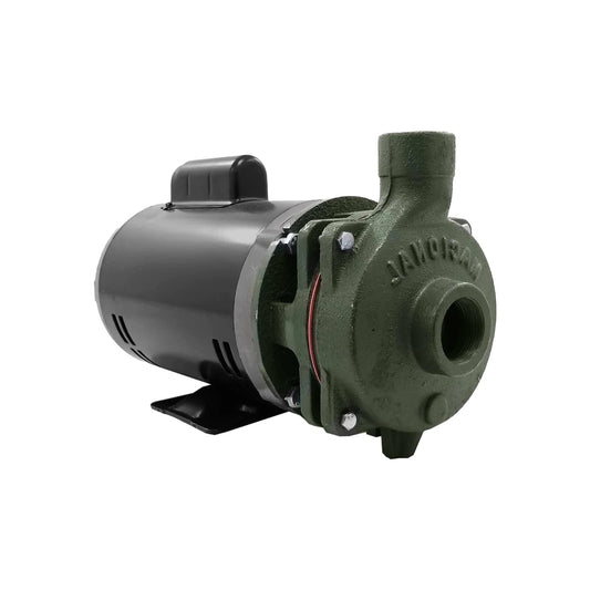 Bomba centrífuga JAMORA con motor eléctrico negro y cuerpo de bomba verde para bombeo de agua.