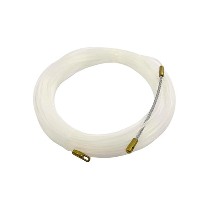 Guía para cableado de nylon monofilamento blanco translúcido, enrollada con punteras de latón y cable de acero