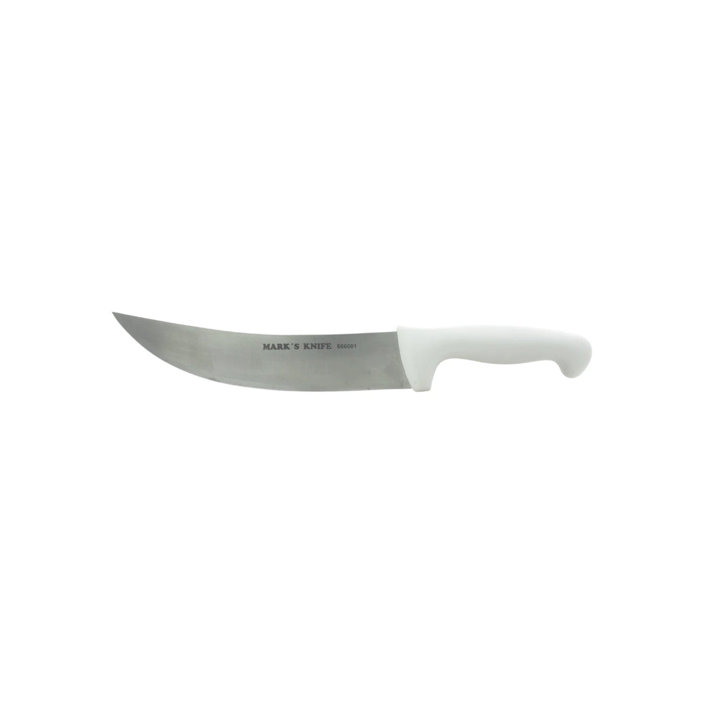 Cuchillo carnicero profesional Mark's Knife 666001 de 8 pulgadas con hoja curva de acero y mango blanco