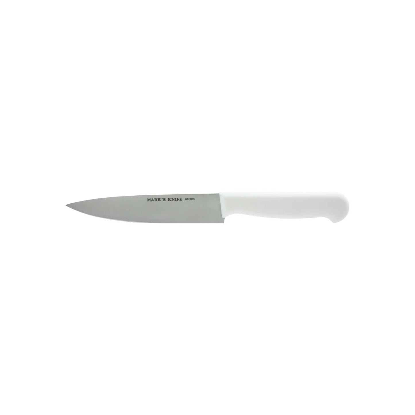 Cuchillo de utilidad profesional Mark's Knife 666009 con hoja de acero inoxidable y mango blanco.