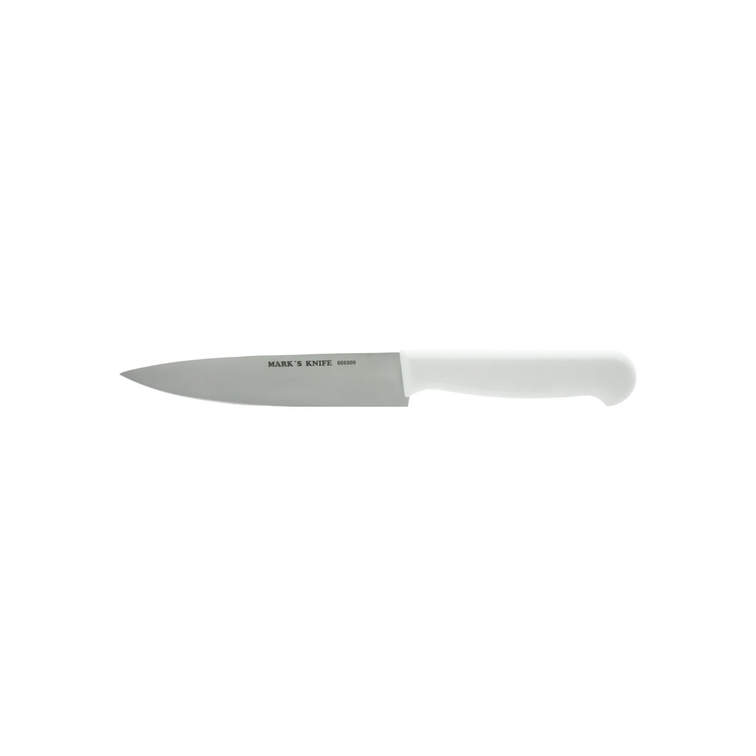 Cuchillo de utilidad profesional Mark's Knife 666009 con hoja de acero inoxidable y mango blanco.