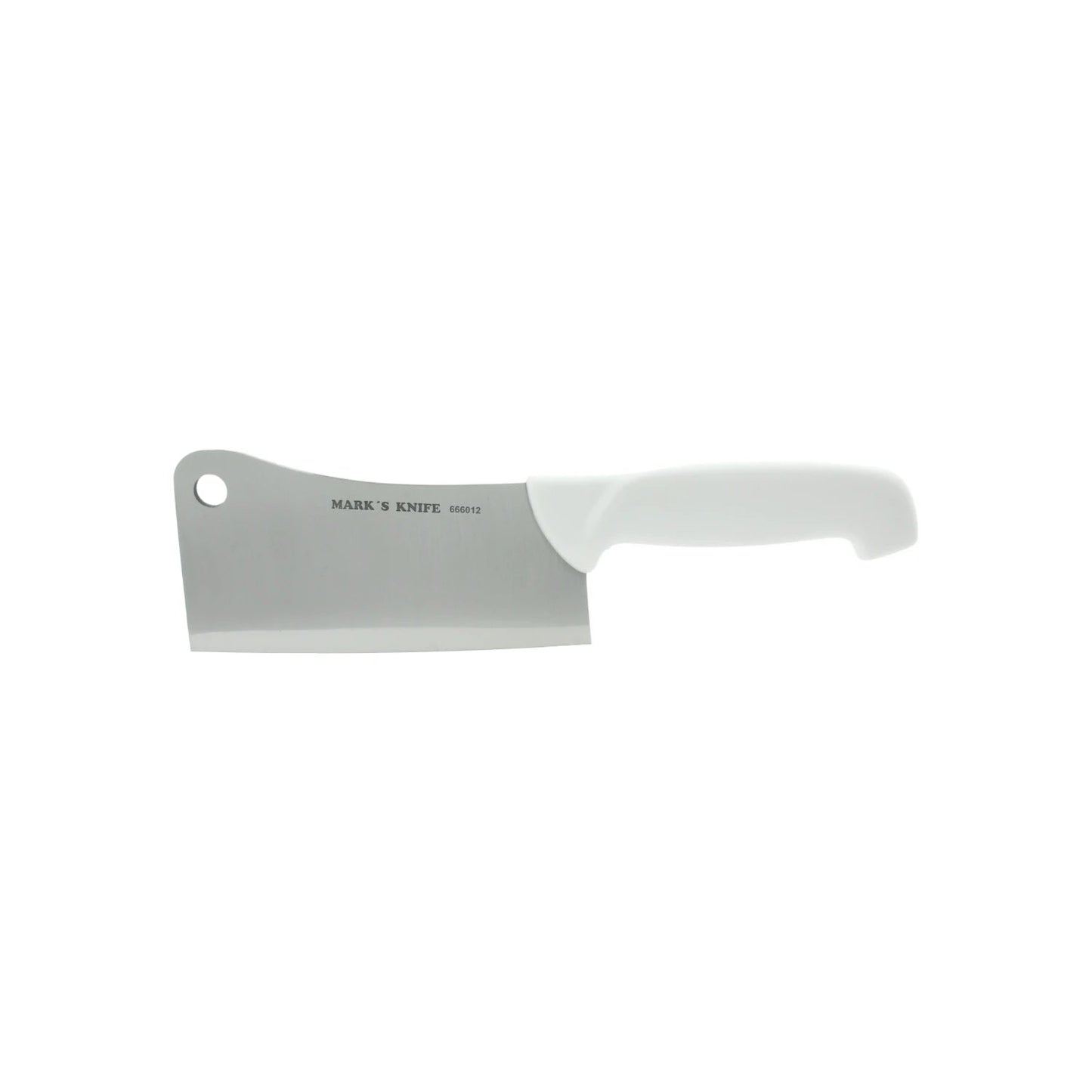 Cuchillo cleaver profesional Mark's Knife 666012 de 6 pulgadas con hoja de metal y mango blanco ergonómico.