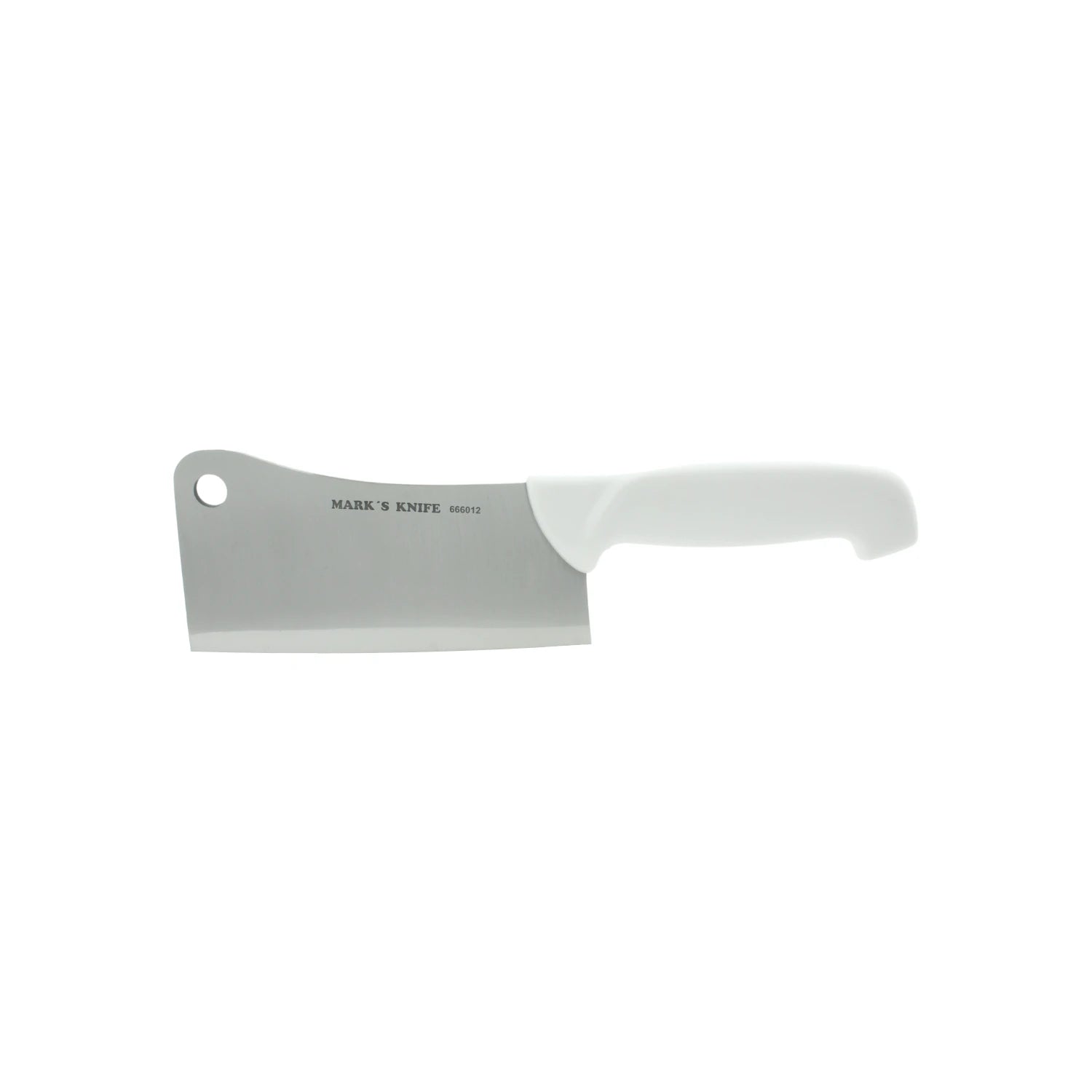 Cuchillo cleaver profesional Mark's Knife 666012 de 6 pulgadas con hoja de metal y mango blanco ergonómico.