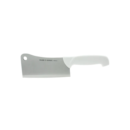 Cuchillo cleaver profesional Mark's Knife 666012 de 6 pulgadas con hoja de metal y mango blanco ergonómico.