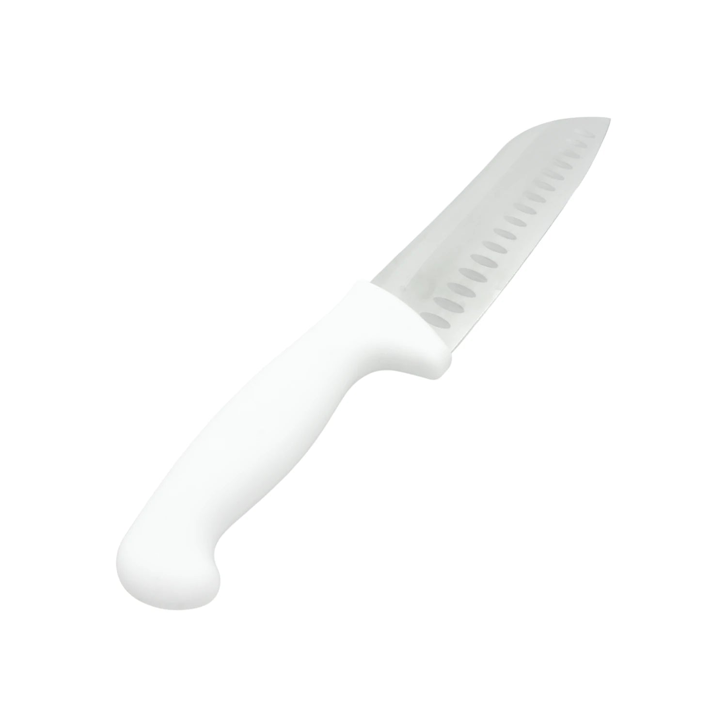 Cuchillo santoku profesional 7" con mango blanco ergonómico y hoja de acero inoxidable alveolada