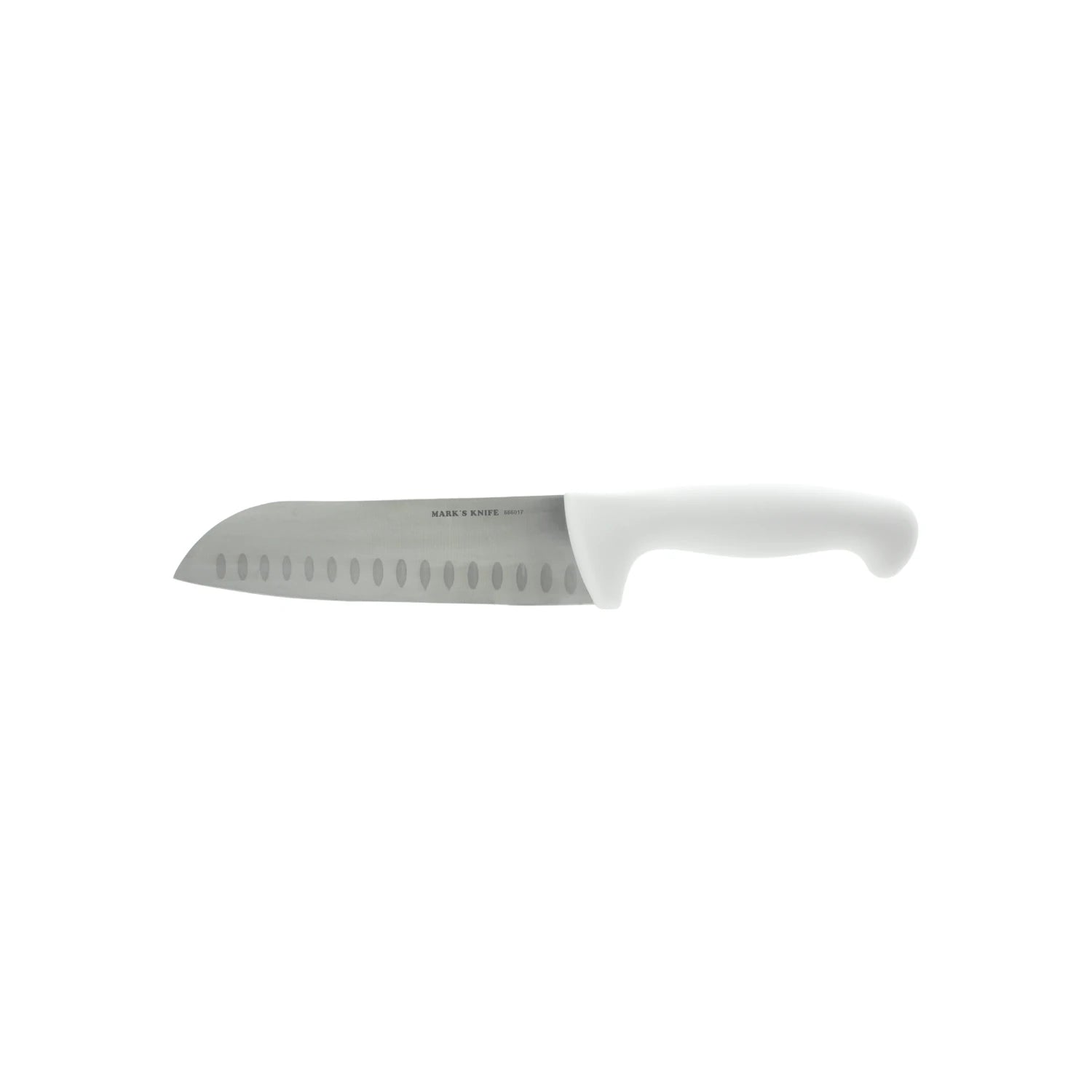 Cuchillo santoku profesional Mark's Knife 666017 hoja alveolada de acero inoxidable, mango blanco ergonómico