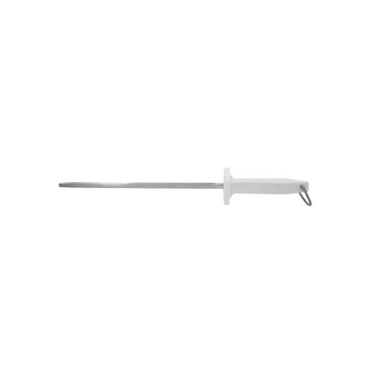Chaira de acero redonda con mango blanco ergonómico y anillo para afilar cuchillos de cocina.