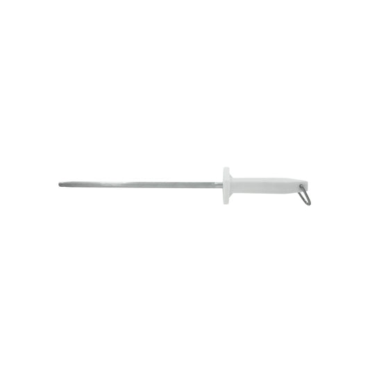 Chaira de acero redonda con mango blanco ergonómico y anillo para afilar cuchillos de cocina.