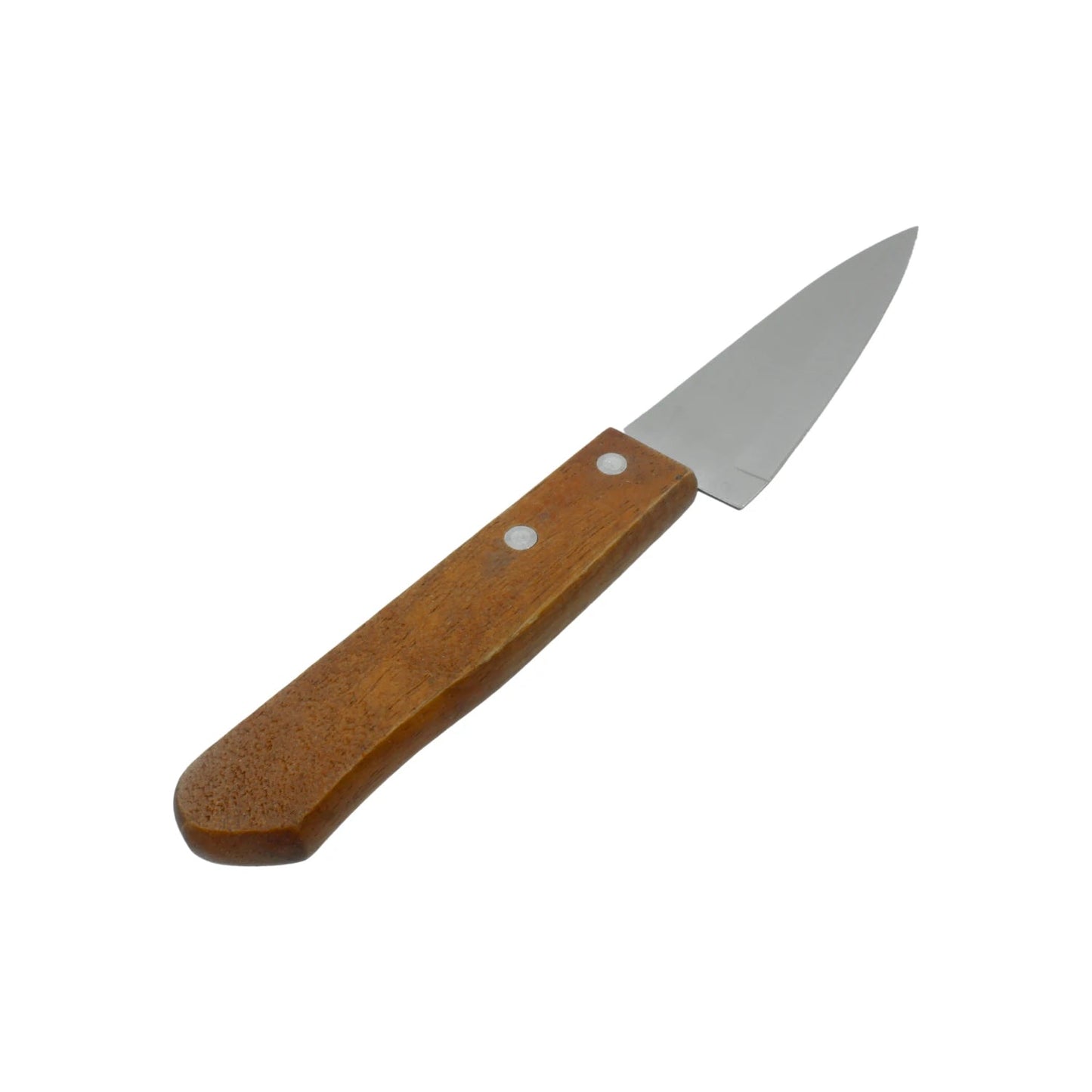Cuchillo utilitario de hoja fija, acero inoxidable afilado, con mango de madera marrón y remaches para usos generales.