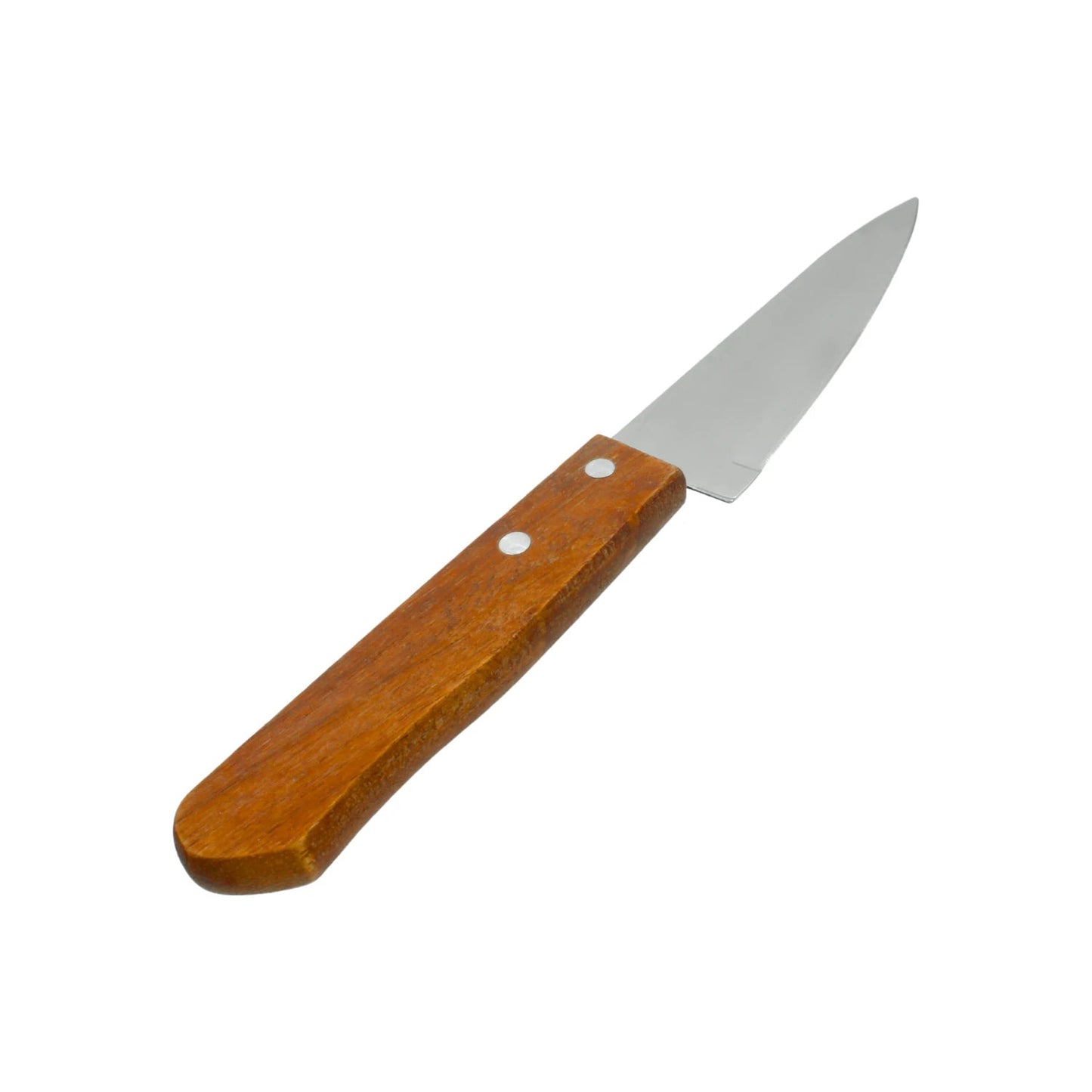 Cuchillo de cocina pequeño con hoja de acero inoxidable y mango ergonómico de madera clara, ideal para pelar.