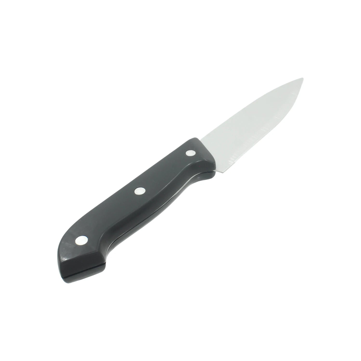 Cuchillo multiusos con mango de plástico negro y hoja de acero brillante, herramienta de ferretería.