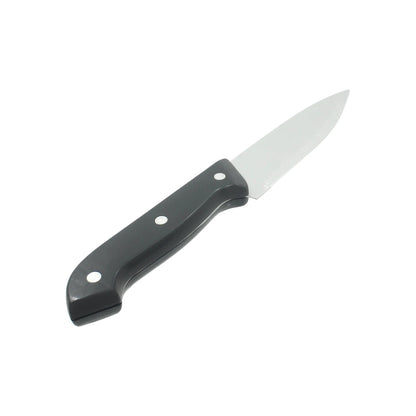 Cuchillo multiusos con mango de plástico negro y hoja de acero brillante, herramienta de ferretería.