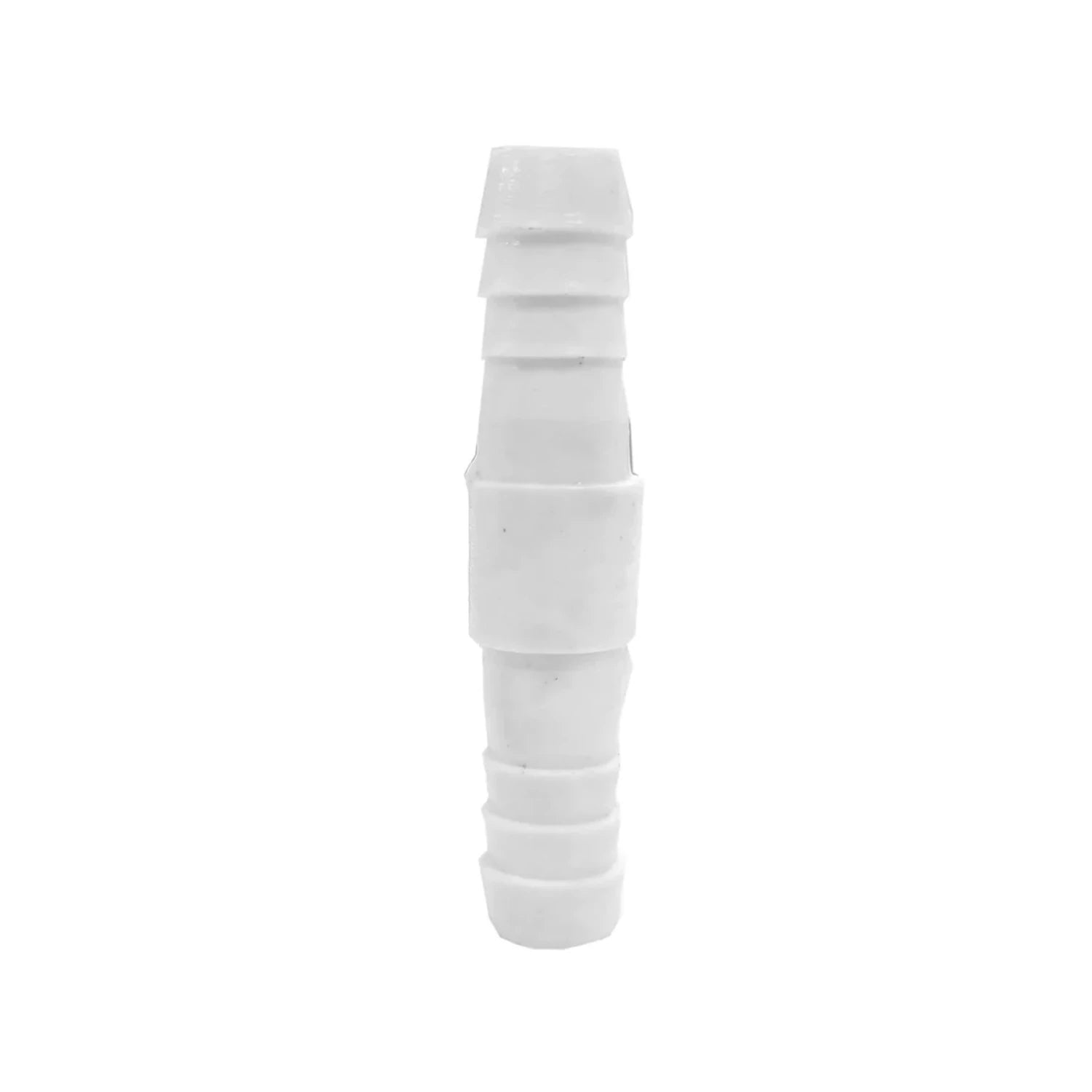 Niple unión de plástico blanco 3/8" para mangueras, conector estriado recto