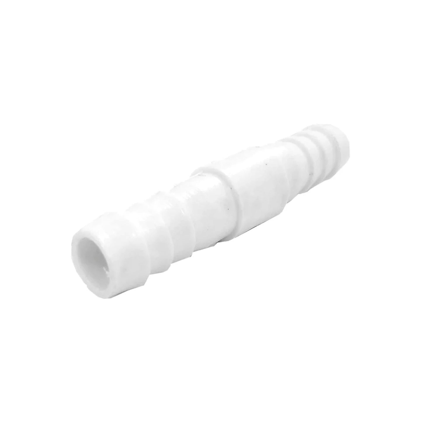 Niple unión recto plástico blanco, conector barbado escalonado para manguera de 3/4" en sistemas de riego