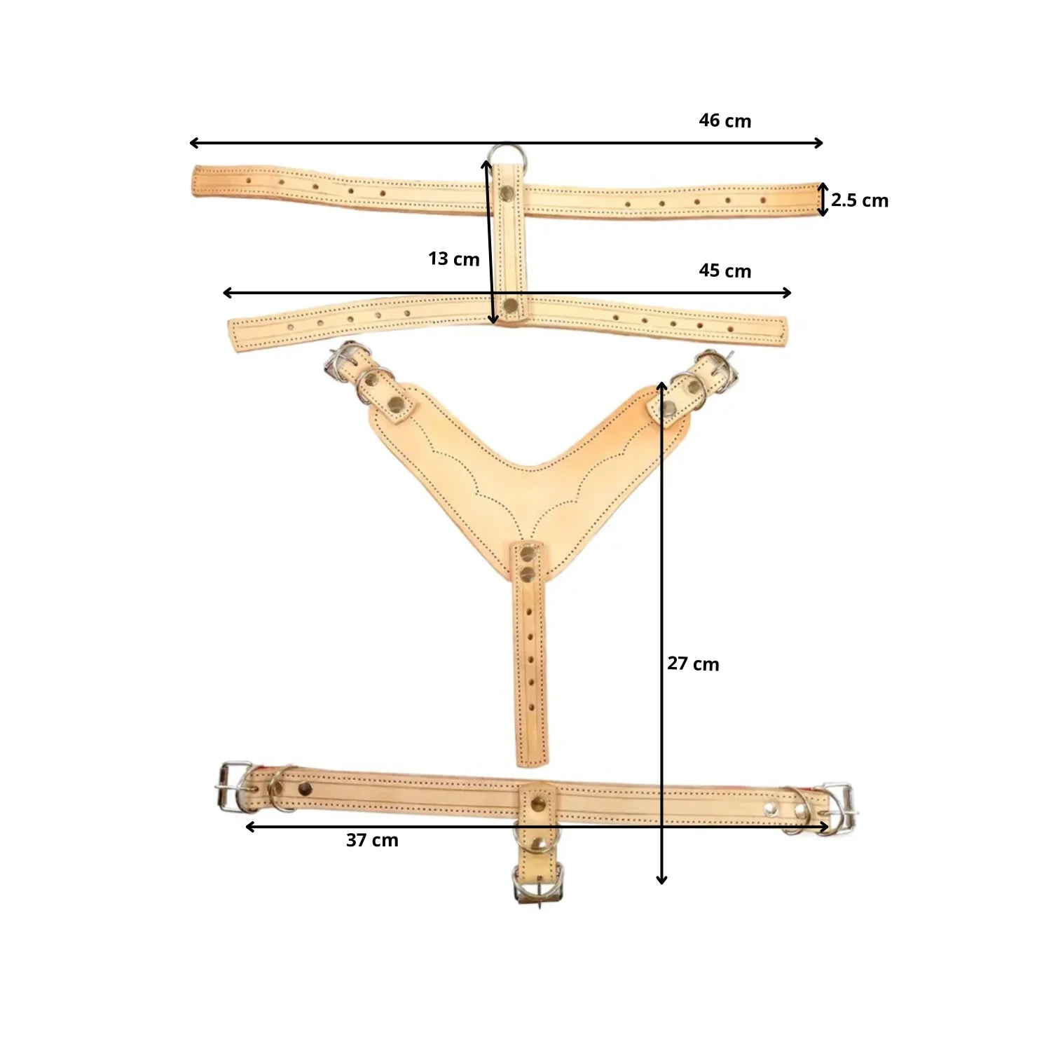 Pechera arnés de cuero natural con hebillas, medidas detalladas para ajuste: 46 cm, 45 cm, 37 cm.