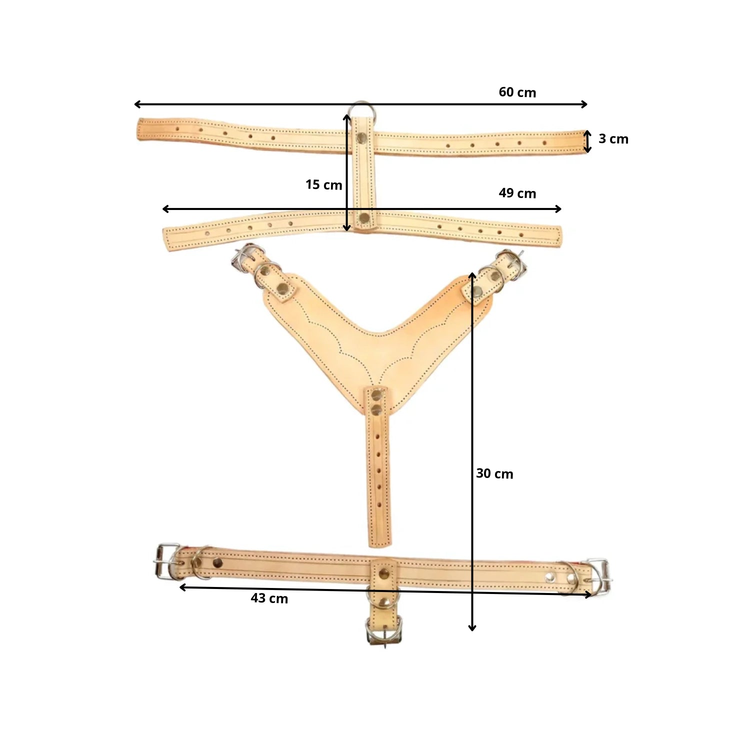 Pechera de cuero natural para animales con correas ajustables y hebillas; incluye medidas de 60, 49 y 43 cm.