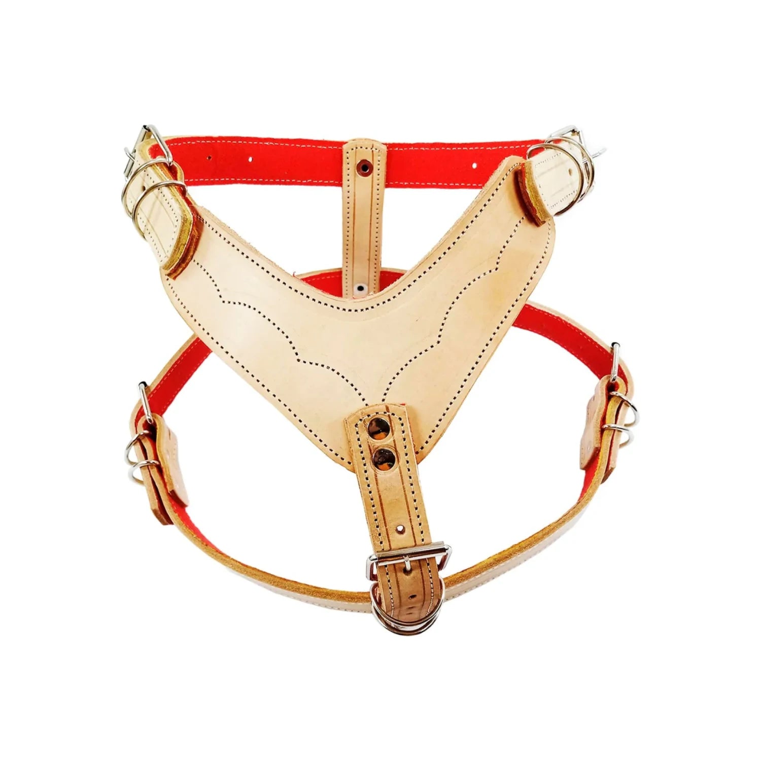 Pechera para perro de piel natural color beige y diseño en V con forro rojo, arnés ajustable y resistente.