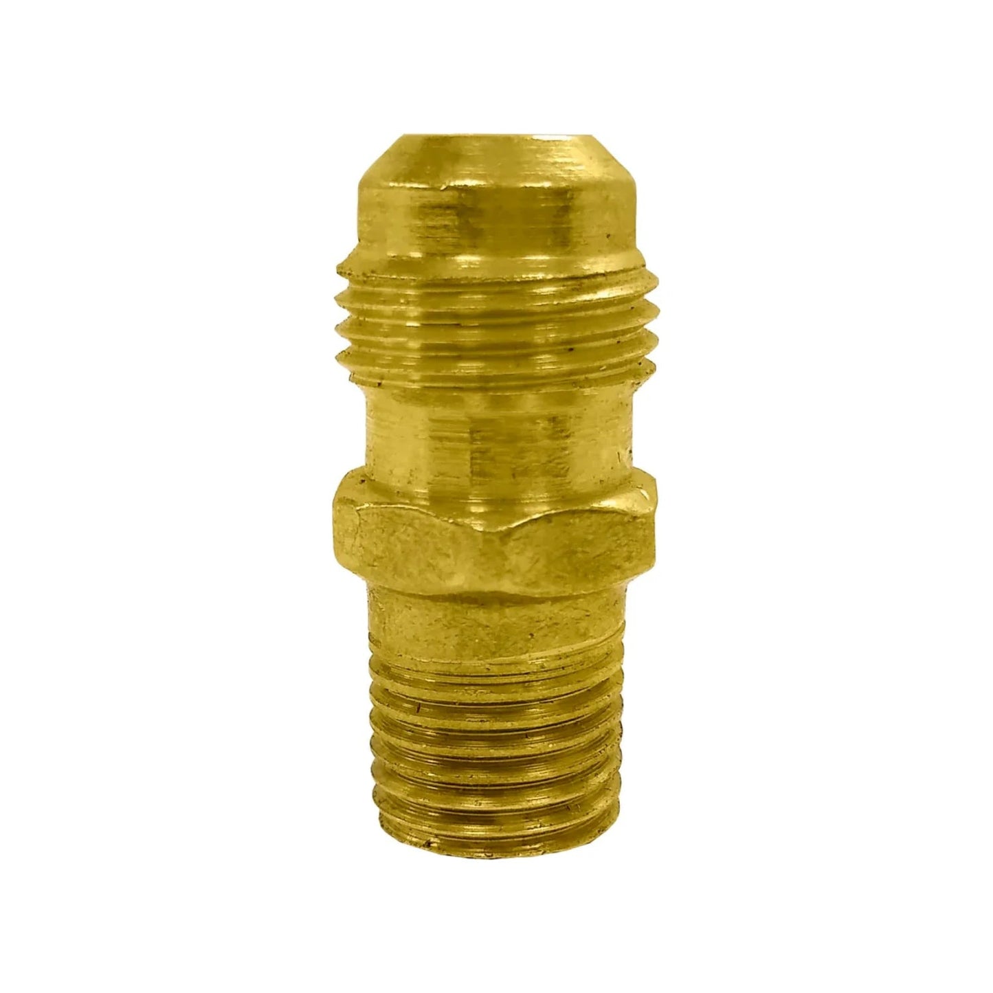 Niple terminal de latón dorado rosca macho a flare para tubería 3/8"x1/4"