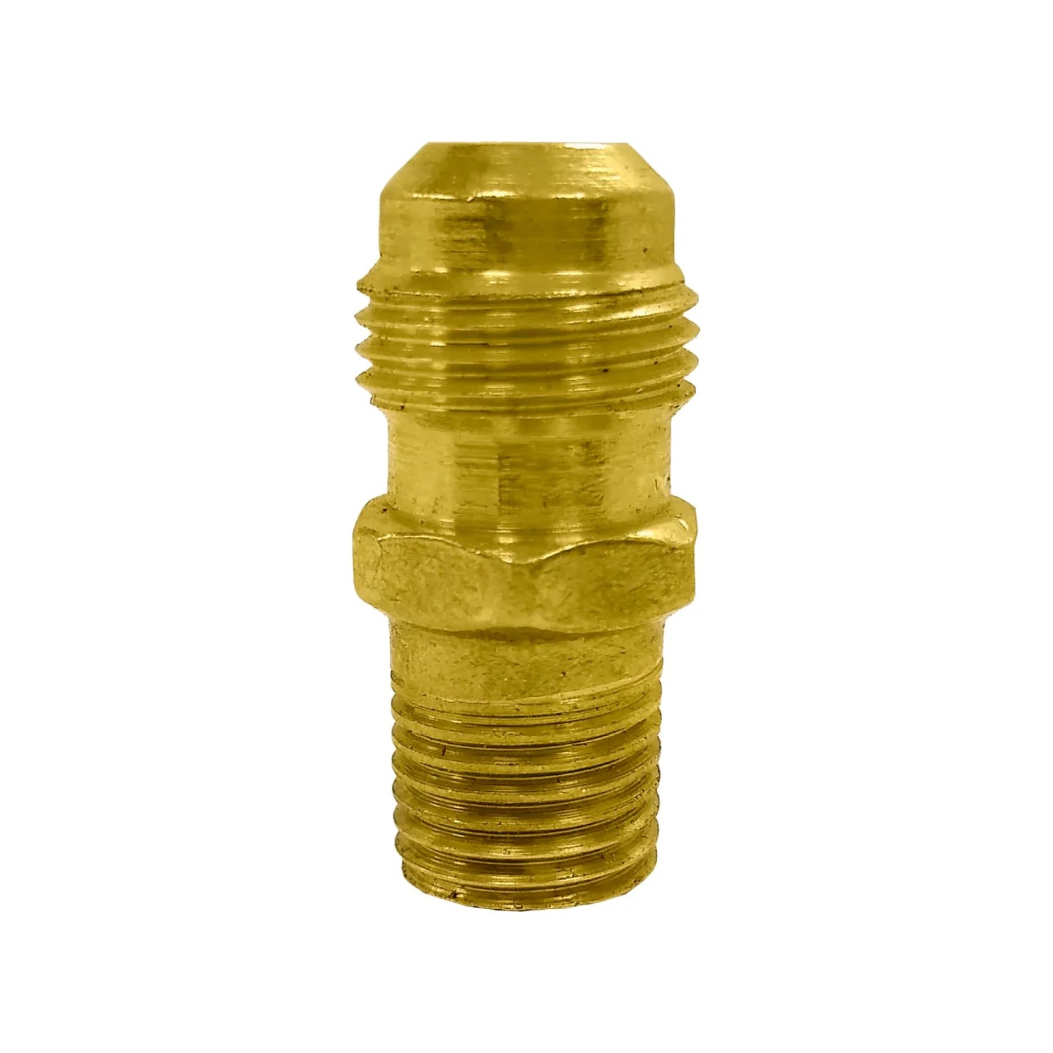 Niple terminal de latón dorado rosca macho a flare para tubería 3/8"x1/4"