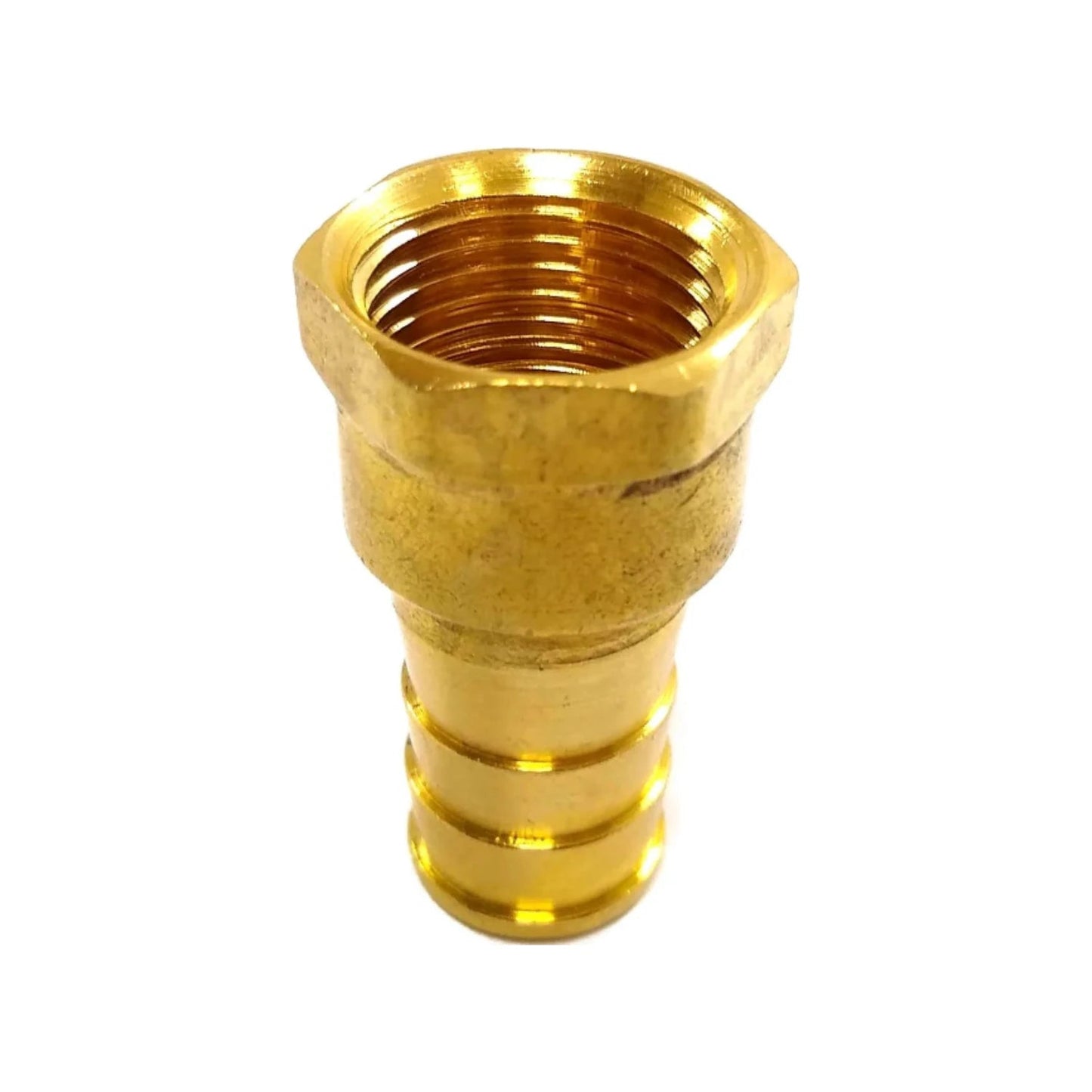 Adaptador de latón dorado para poliducto, rosca hembra 1/2" y espiga para manguera