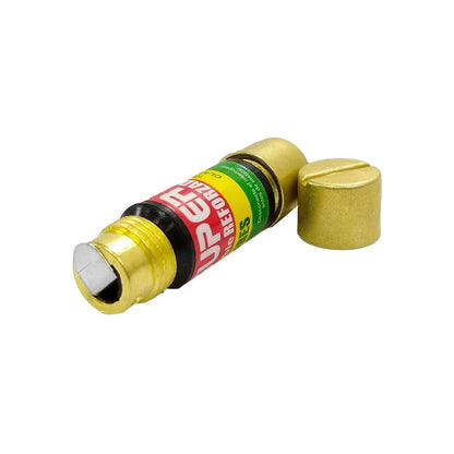 Fusible SUPER de latón dorado reforzado con terminal extraíble y tapa para protección de circuitos eléctricos.