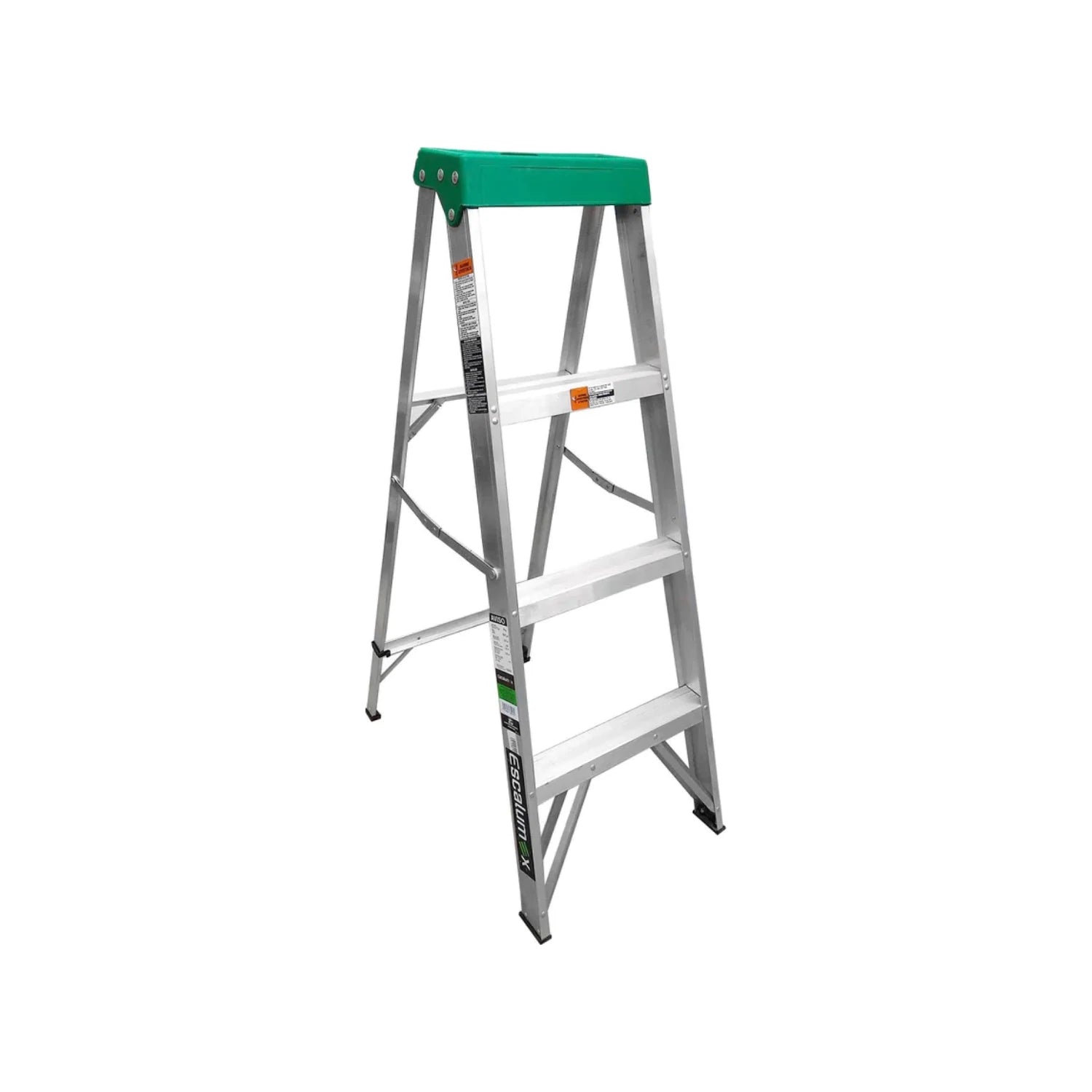 Escalera de tijera Escalumex de aluminio con 3 peldaños y plataforma superior verde para trabajos de ferretería