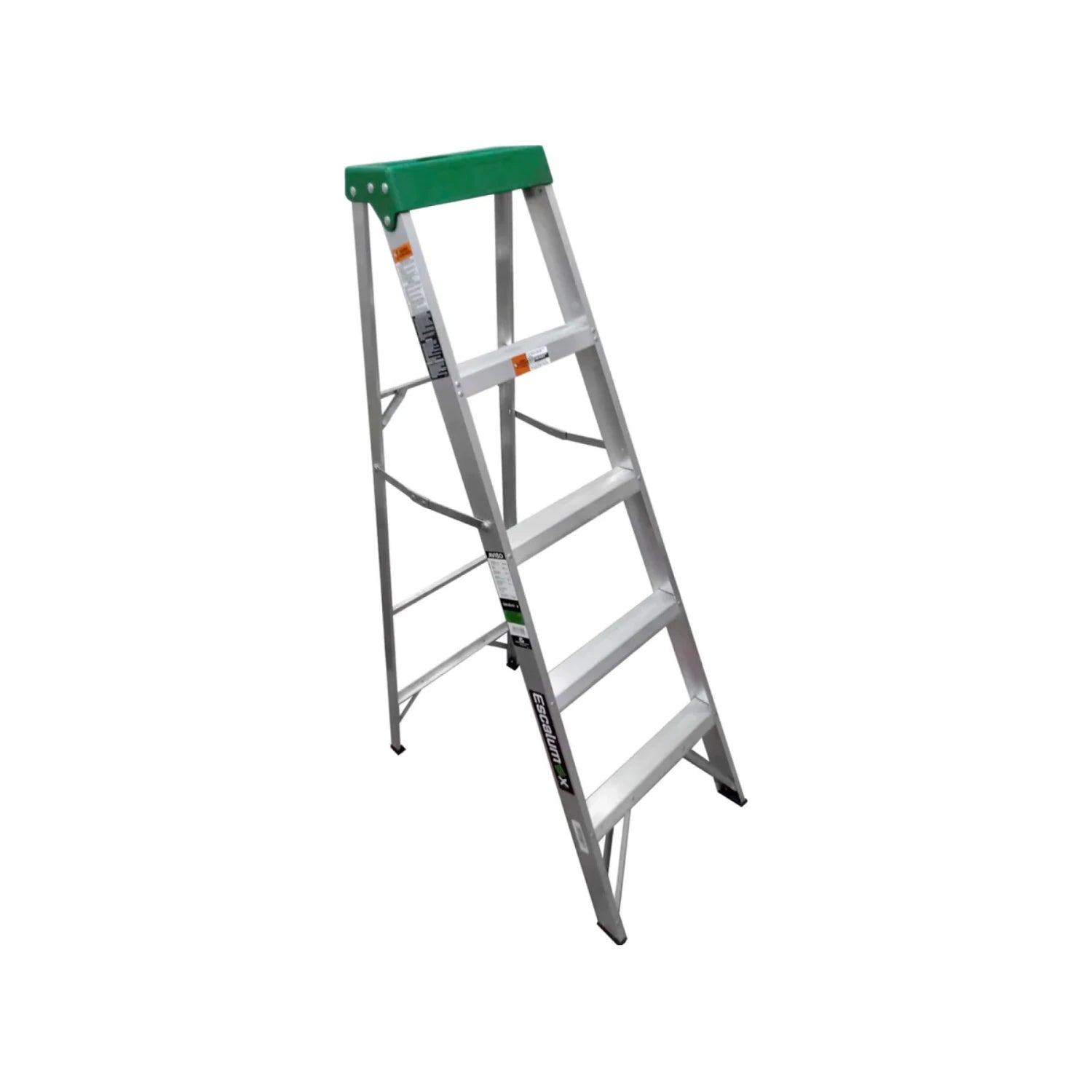 Escalera de tijera Escalumex de aluminio 4 peldaños, plataforma superior verde, plegable para uso profesional