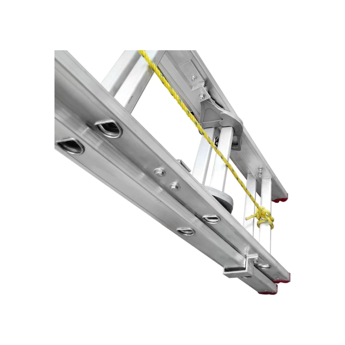 Escalera de extensión de aluminio, mecanismo de bloqueo, sistema de polea y cuerda amarilla.