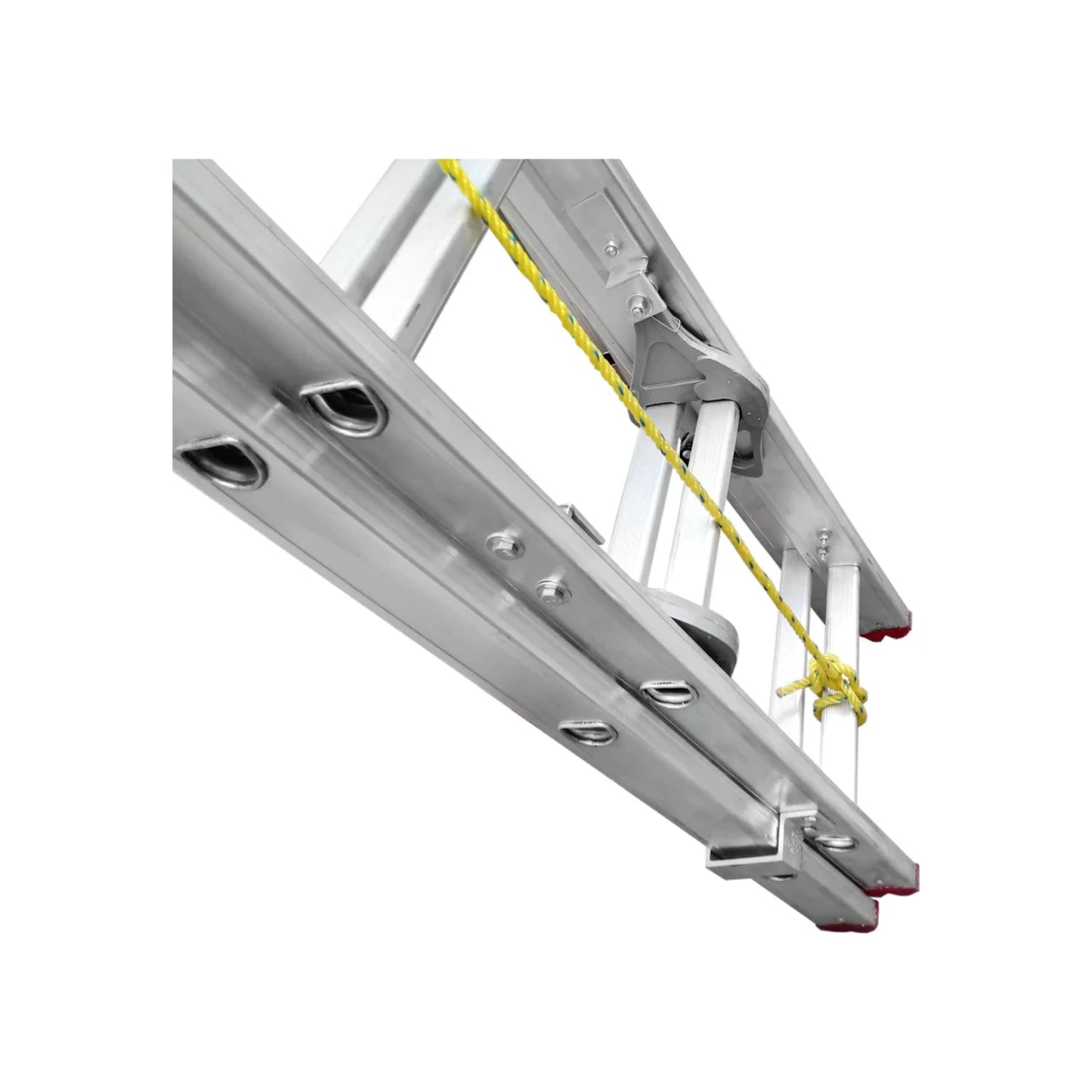Escalera de extensión de aluminio, mecanismo de bloqueo, sistema de polea y cuerda amarilla.