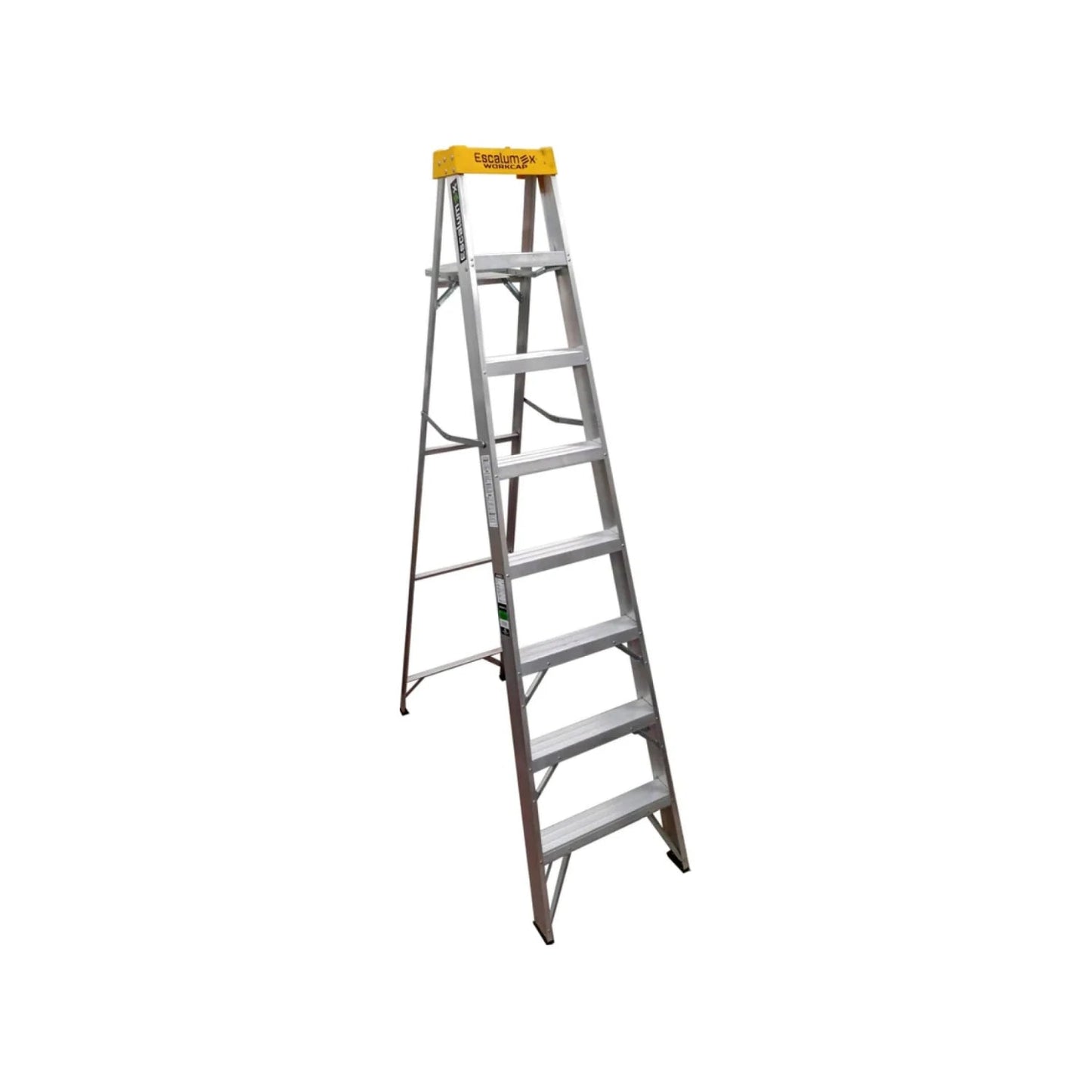 Escalera de tijera Escalumex WORKCAP de 8 peldaños, aluminio, color plateado con bandeja amarilla.
