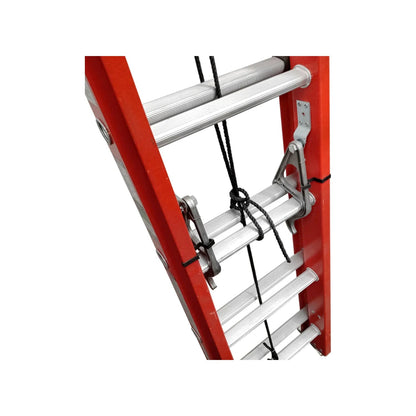 Escalera de extensión fibra de vidrio naranja, rungs de aluminio, sistema de polea y cuerda