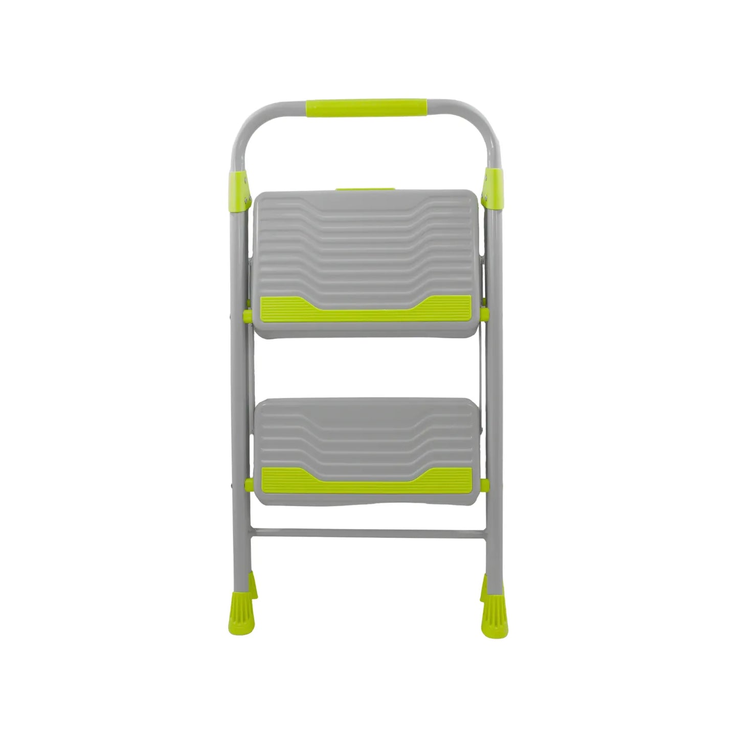 Escalera de 2 peldaños gris y verde con baranda de seguridad y base antideslizante para uso doméstico.