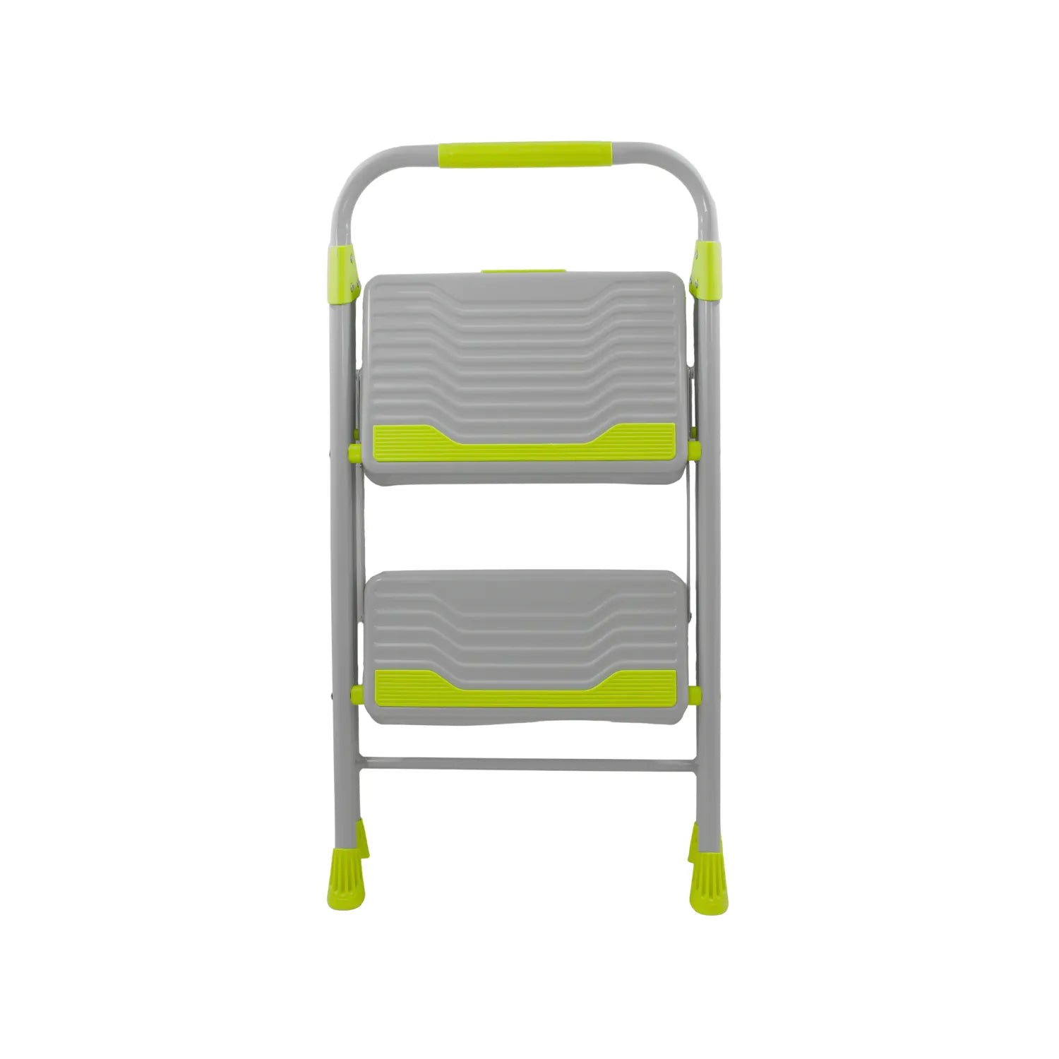 Escalera de 2 peldaños gris y verde con baranda de seguridad y base antideslizante para uso doméstico.