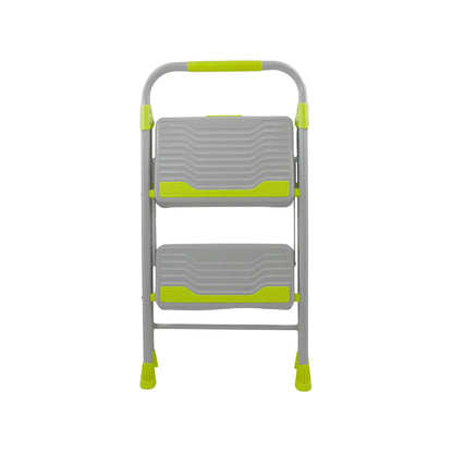 Escalera de 2 peldaños gris y verde con baranda de seguridad y base antideslizante para uso doméstico.