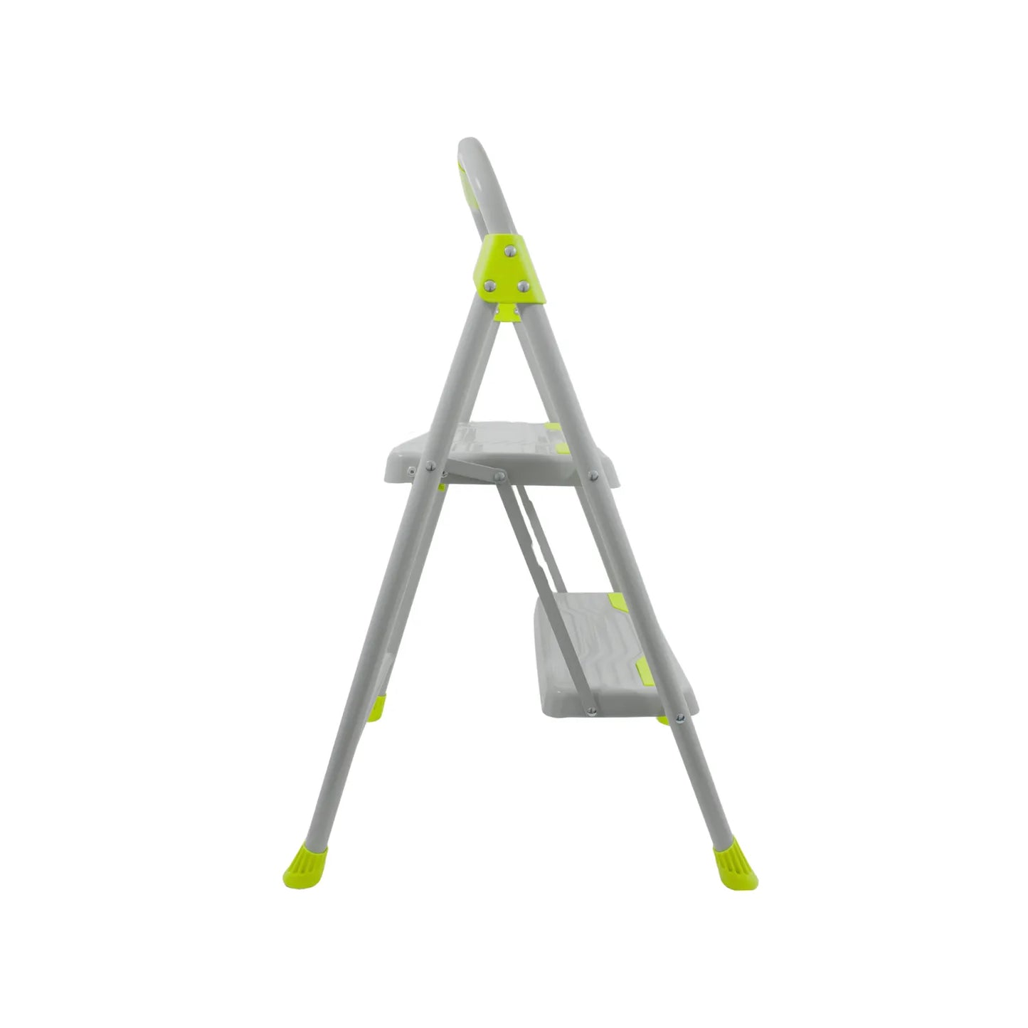 Escalera plegable de 2 peldaños gris con detalles verdes y patas antideslizantes para trabajos domésticos.