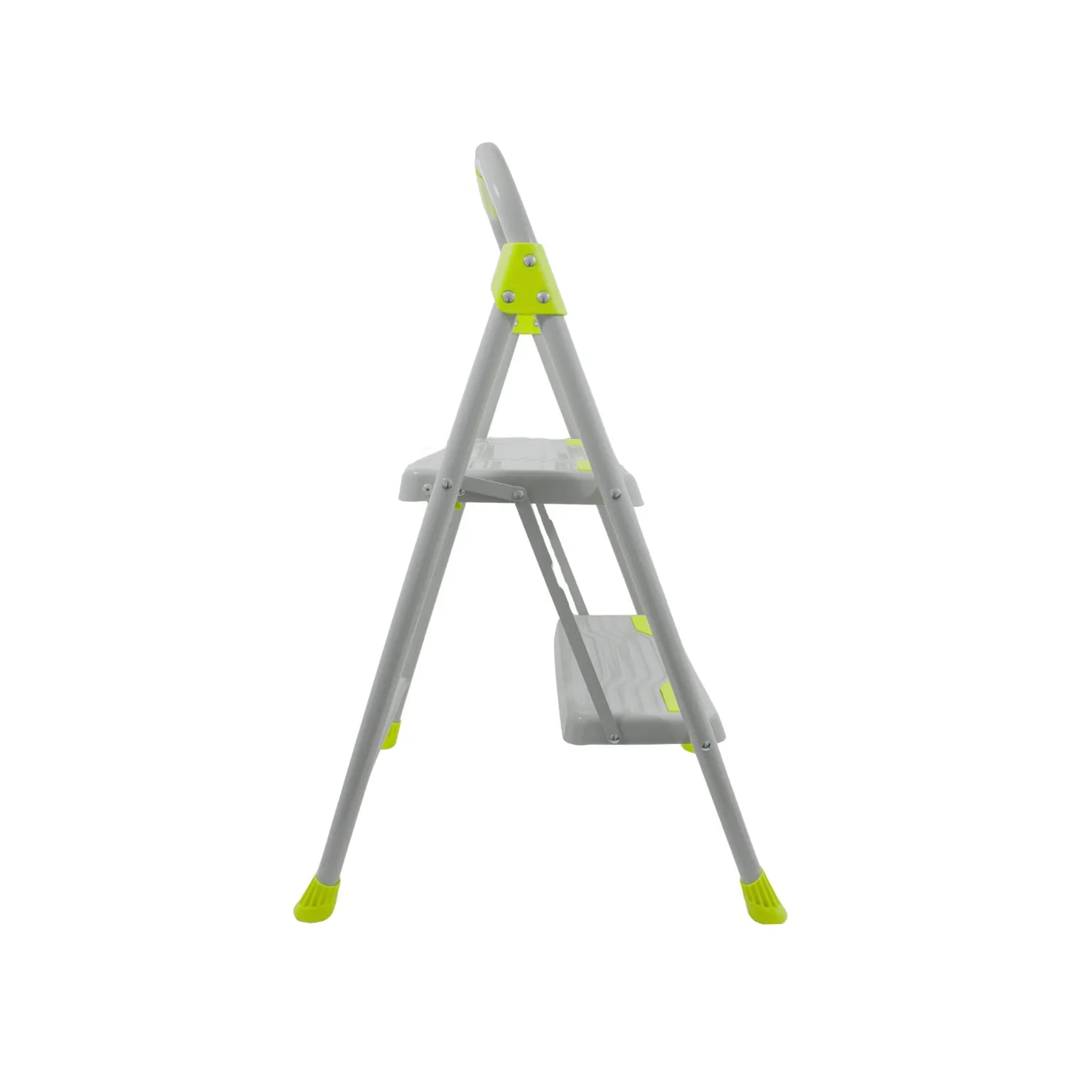 Escalera plegable de 2 peldaños gris con detalles verdes y patas antideslizantes para trabajos domésticos.