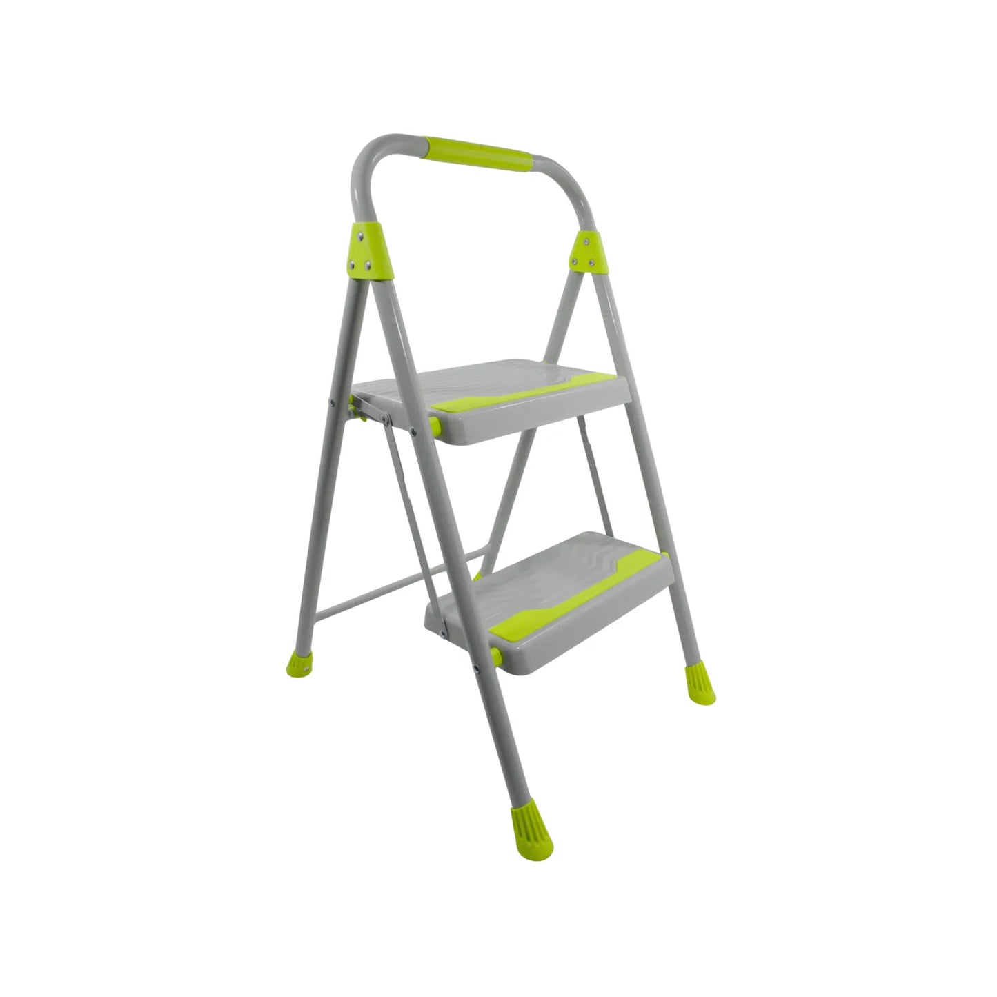 Escalera plegable de 2 peldaños gris y verde con barandilla de seguridad y patas antideslizantes para uso doméstico.