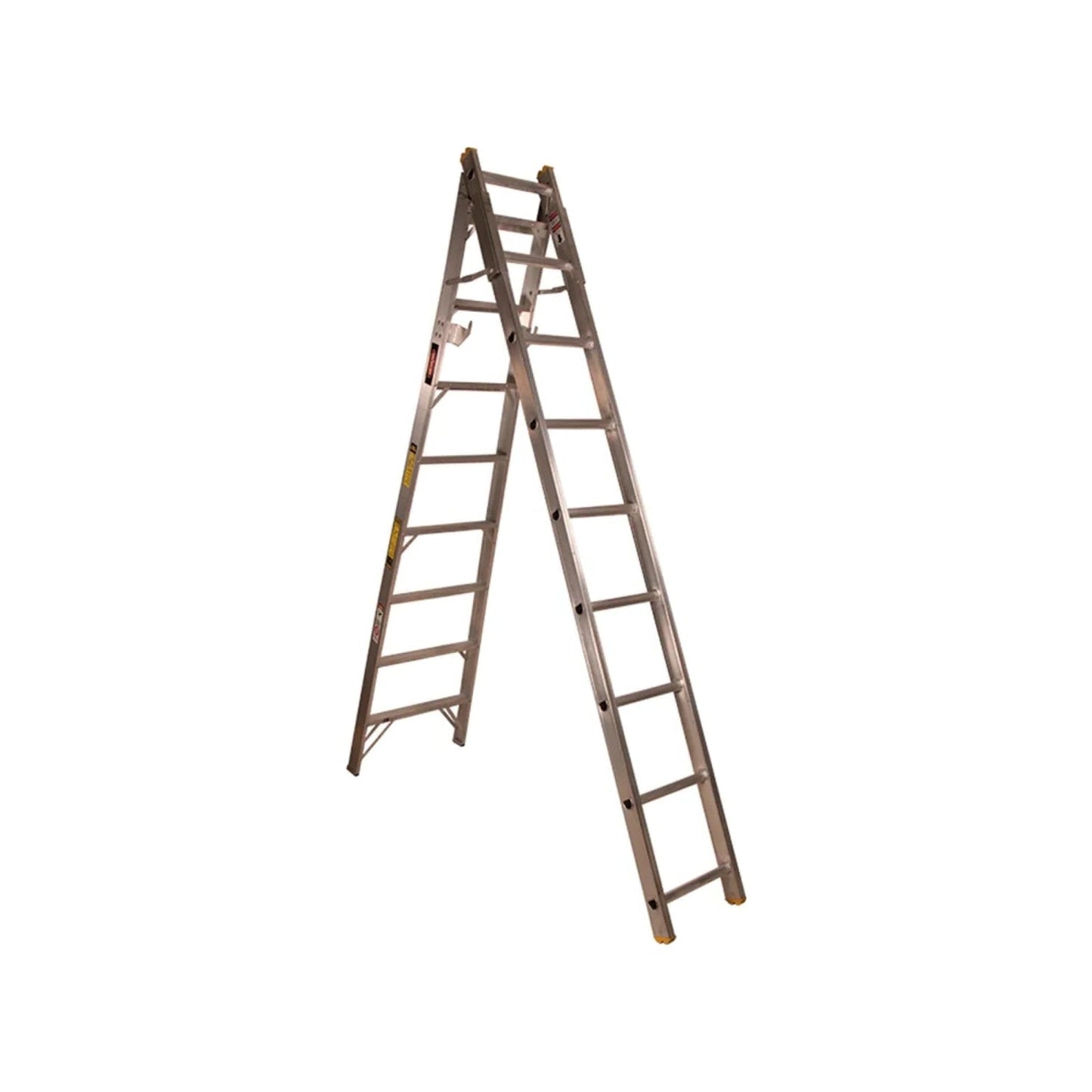 Escalera de aluminio convertible, modos tijera y extensión, con múltiples peldaños y topes de seguridad amarillos.