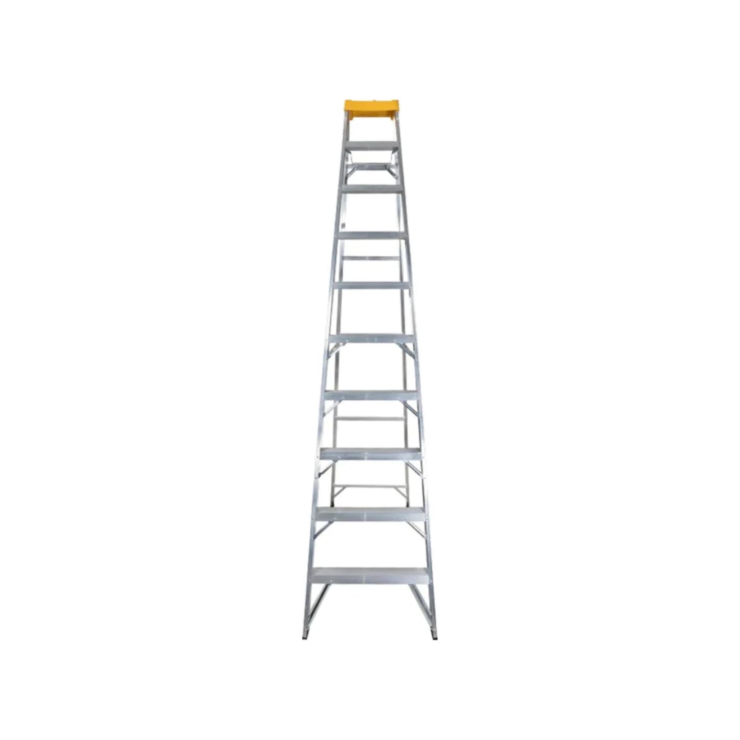 Escalera recta de aluminio con 10 peldaños, tope superior amarillo, ideal para construcción y mantenimiento