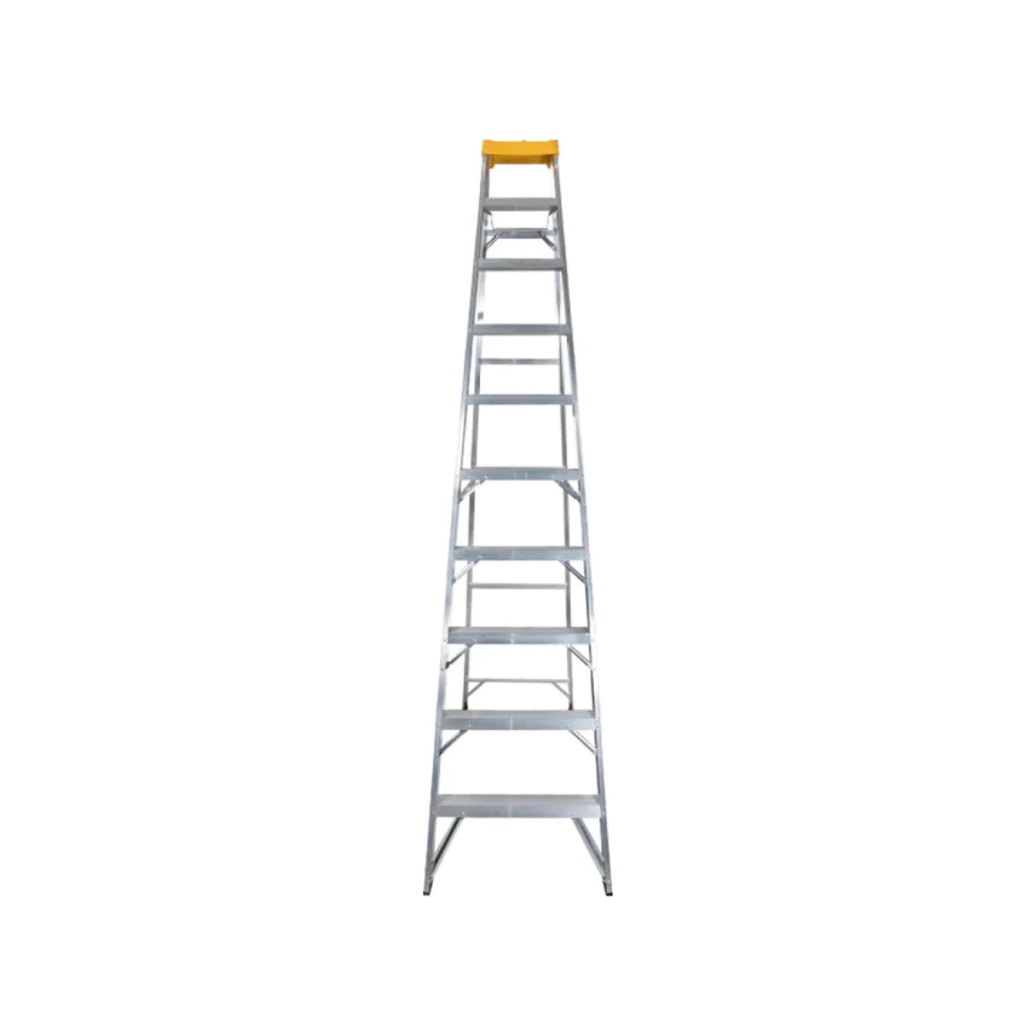 Escalera recta de aluminio con 10 peldaños, tope superior amarillo, ideal para construcción y mantenimiento