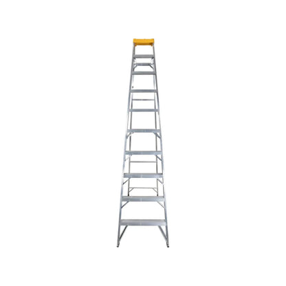 Escalera recta de aluminio con 10 peldaños, tope superior amarillo, ideal para construcción y mantenimiento