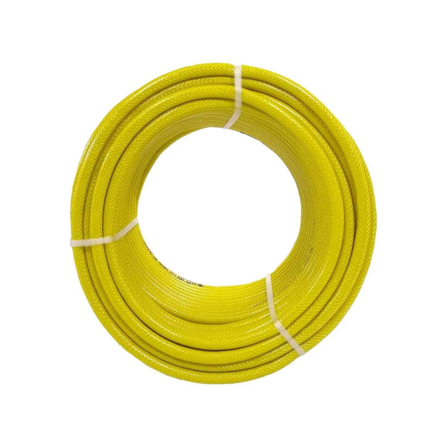 Manguera tramada amarilla 3/8"x50m enrollada, uso en jardín y riego