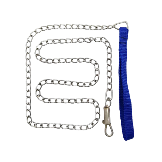 Cadena para perro de eslabones metálicos, con asa de tela azul y mosquetón de seguridad para paseo