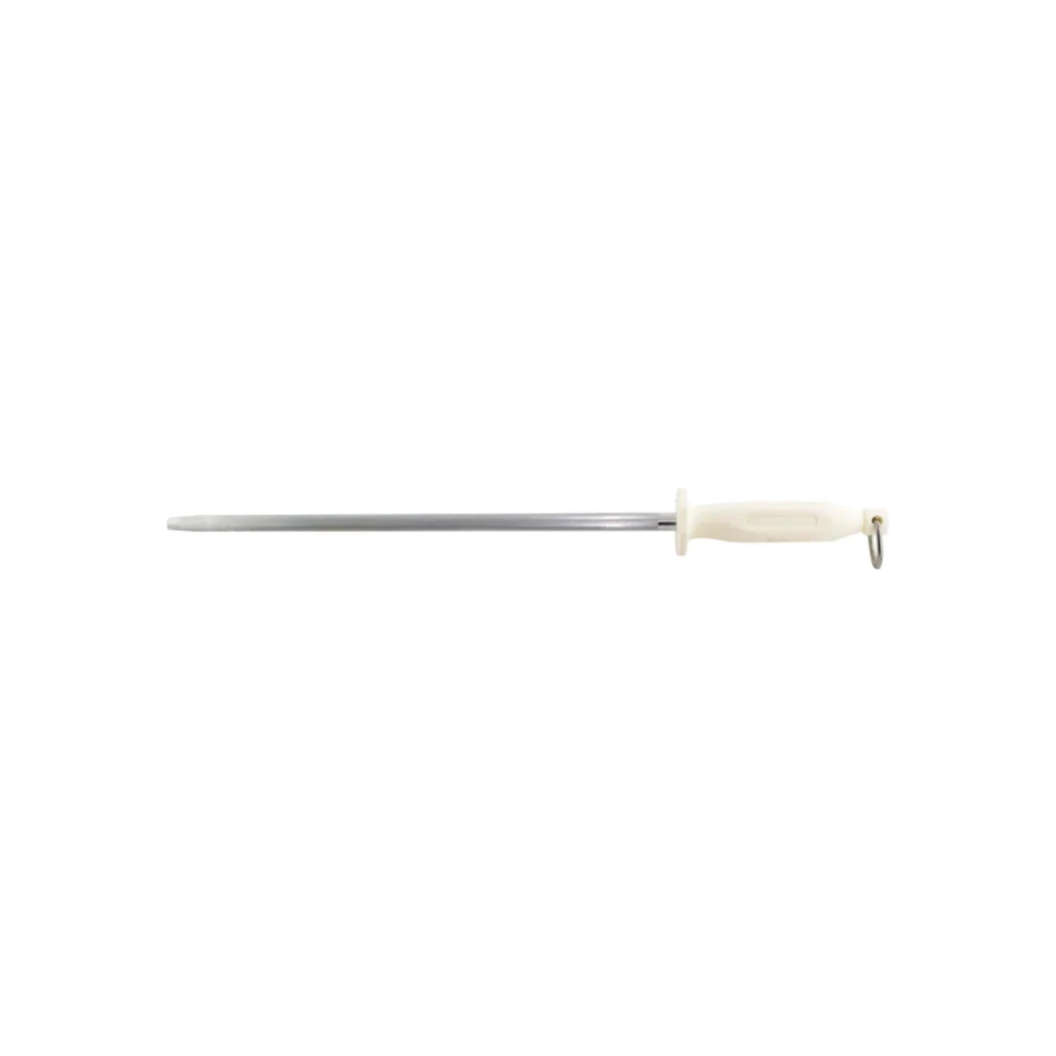 Chaira profesional redonda de acero para afilar cuchillos, mango ergonómico blanco/crema con aro para colgar.