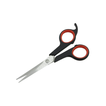 Tijeras profesionales de peluquería acero inoxidable mango ergonómico negro y rojo con reposadedos para corte preciso.