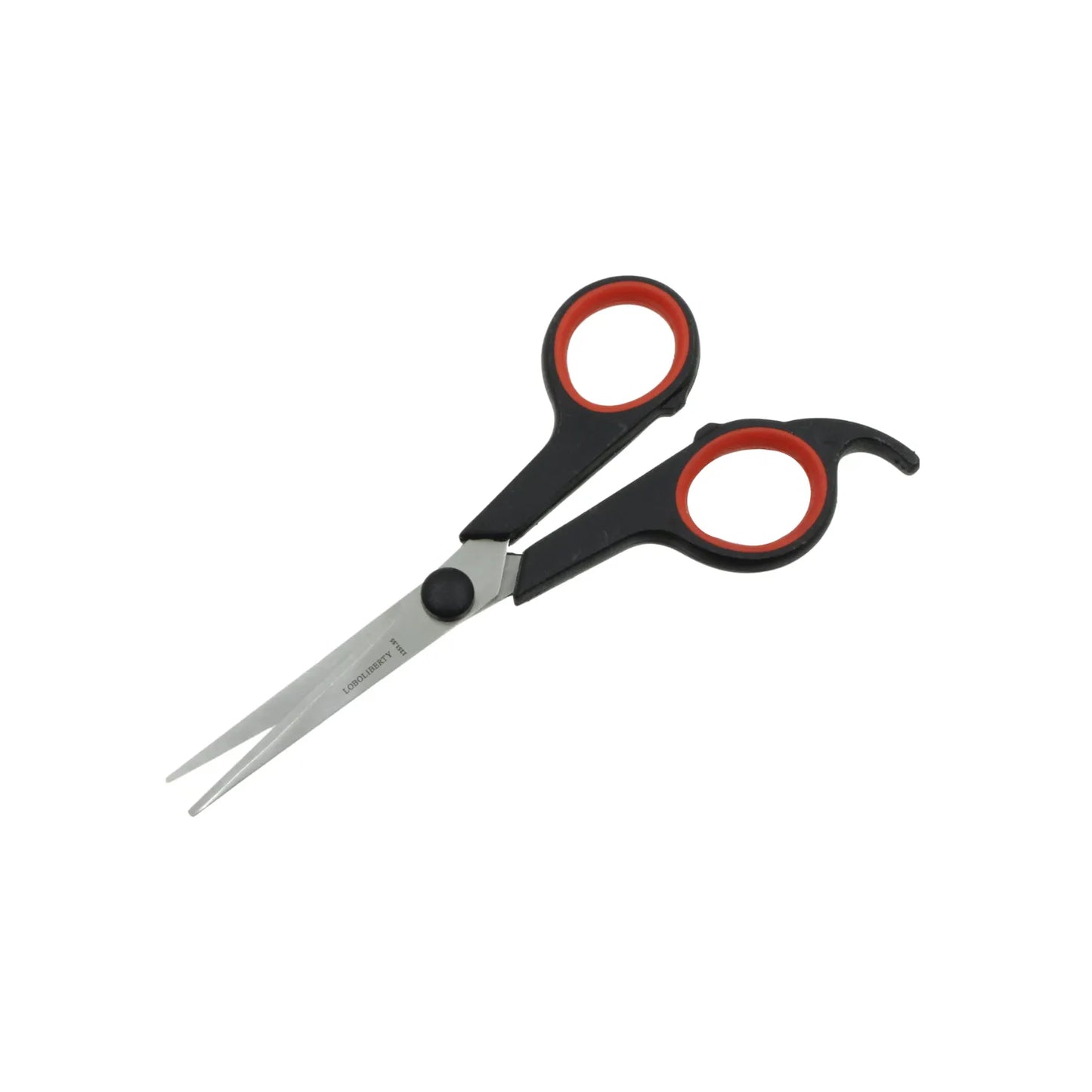 Tijeras de peluquería profesional Loboliberty con mango ergonómico negro y rojo y apoyo para el dedo.